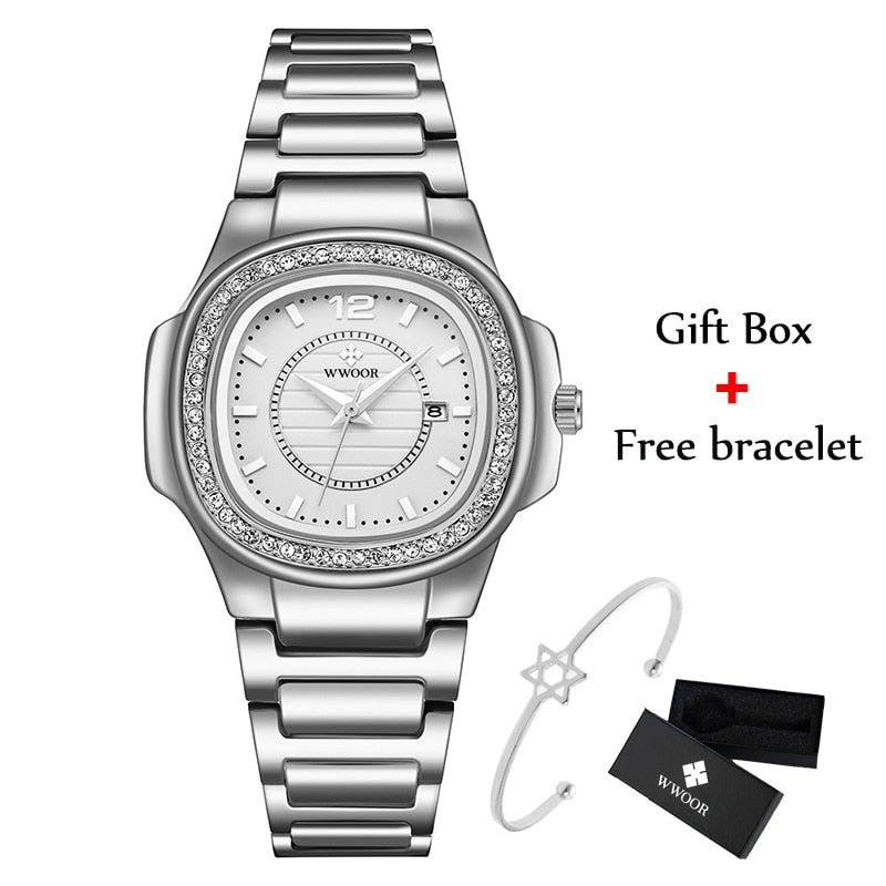 Relógios femininos WWOOR 2023! Relógio com pulseira de diamante de luxo, marca ouro quartzo. Presente para mulheres.